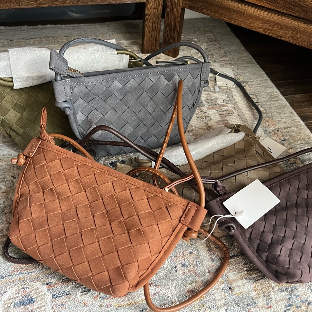 Woven Faux Leather Suede  Crossbody Bag  NWT Tan, Gray, Brown Khaki,